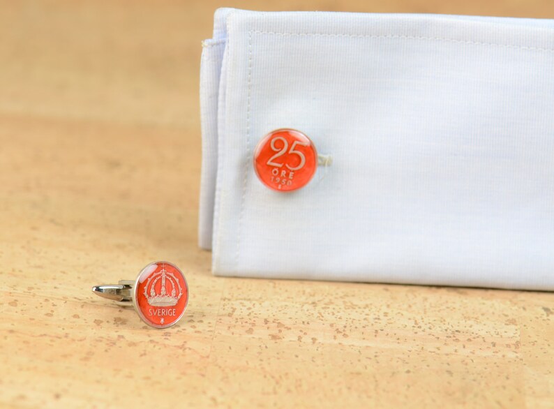 Cufflinks Sweden Sterling silver enamel Coin Coin Collector Gifts,Dad Coin Gift,Upcycled,mens gift accessories jewelry