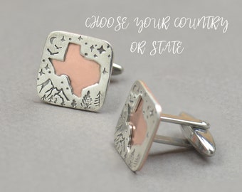 Custom personalized Silhouette State, sterling silver and cooper cufflinks .Choose state or country.Custom country bracelet,US,Germany,Texas