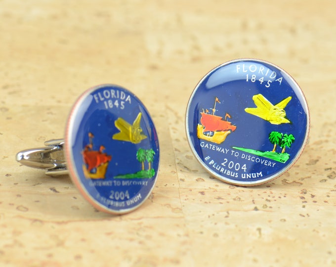 Cufflinks Florida Quarter. Enamelled cuff links.Stainless steel leg.Coin cufflinks.USA