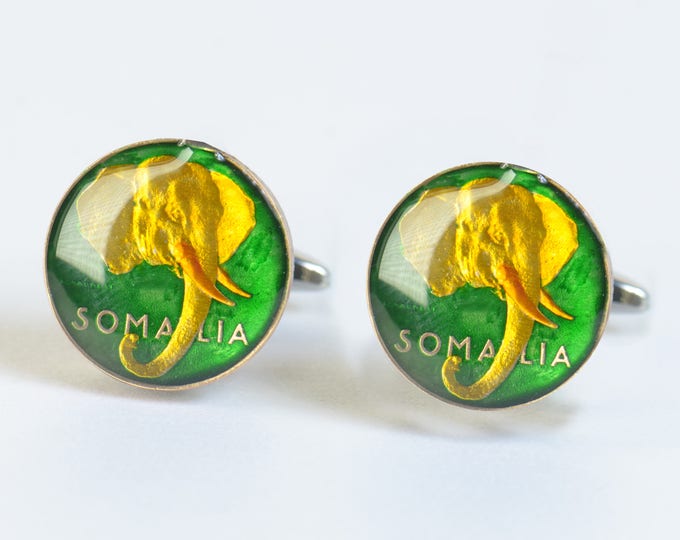 Cufflinks Somalia enamel Coin.Elephant cufflinks.Cuff links mens accessories jewelry gift