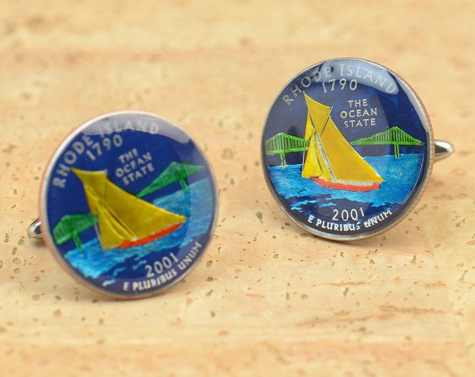Cufflinks Rhode Island Quarter. Enamelled cuff links.Stainless steel leg.Coin cufflinks.USA
