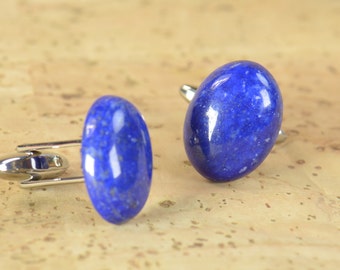 Gemstone Cufflinks Lapis Lazuli: Blue Stone Mens Jewelry, Stainless Steel Luxury Groom Gift, Formal Wear