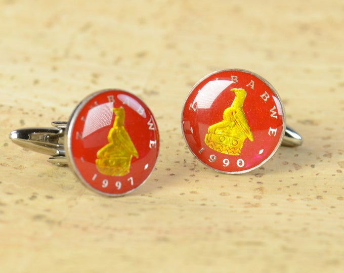 Enamel rabbit Cufflinks - Zimbabwe Coin.Enamelled coin.Stainless Steel leg