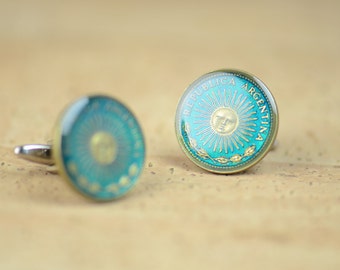 Enamel  Cufflinks - Argentina sun coin Coin Collector Gifts,Dad Coin Gift,Upcycled,mens gift accessories jewelry