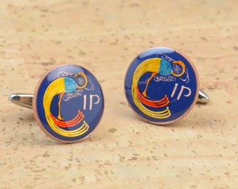 Ireland Cufflinks Antique Enamel Coins, Hand Painted Blue Enamelled Upcycled Coin Jewelry, Unique Gift For Him,Accessory.Ireland Cufflinks