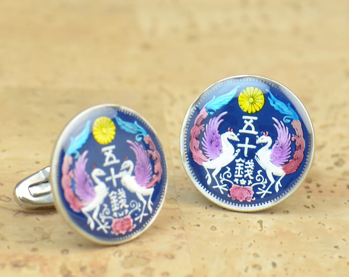 Sterling silver antique coin - Cufflinks  Japan - Big Size Cufflinks