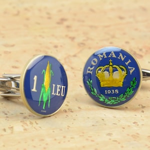 Cufflinks Corn Coins: Dark Blue Moldavia Hand Painted Pair - Enamel , Unique Mens Jewelry, Collectors Coin Gift