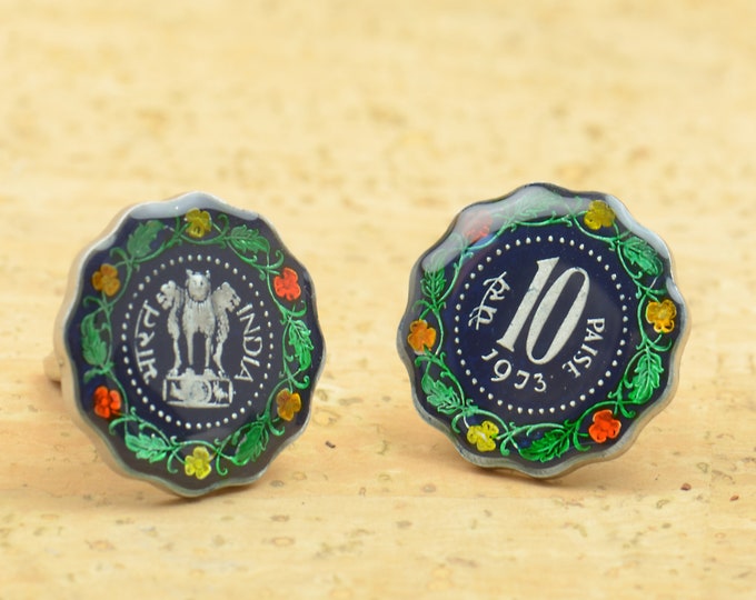 Enamel  Cufflinks-India Coin Coin Collector Gifts,Dad Coin Gift,Upcycled,mens gift accessories jewelry