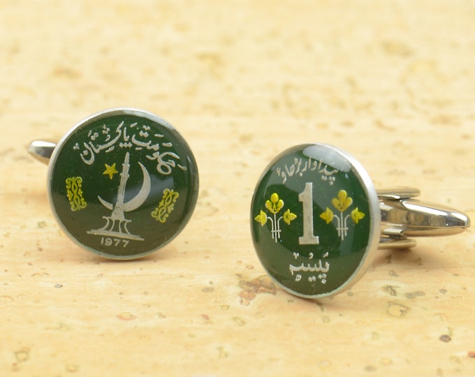 Enamel  Cufflinks-Pakistan Coin Coin Collector Gifts,Dad Coin Gift,Upcycled,mens gift accessories jewelry