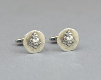 Sacred heart sterling silver cufflinks.Men accessories,Stainless steel, heart Cufflinks, Jesus Heart ,Christian Cufflinks,gift cufflinks