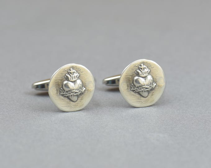 Sacred heart sterling silver cufflinks.Men accessories,Stainless steel, heart Cufflinks, Jesus Heart ,Christian Cufflinks,gift cufflinks