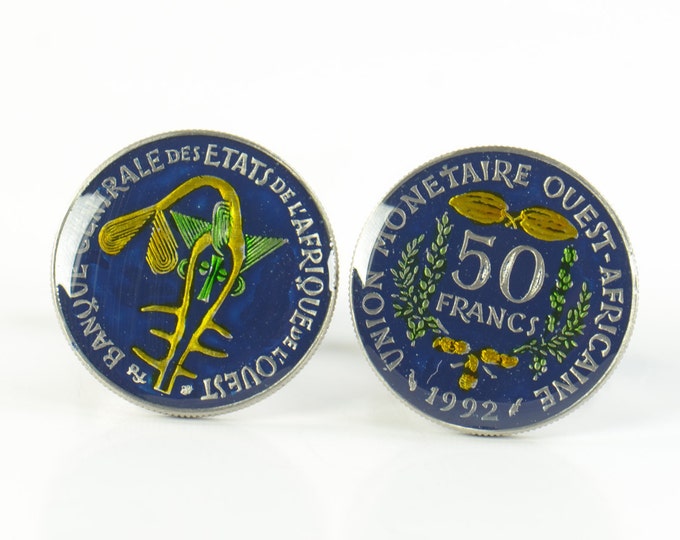 Enamel  Cufflinks-West Africa Coin Coin Collector Gifts,Dad Coin Gift,Upcycled,mens gift accessories jewelry
