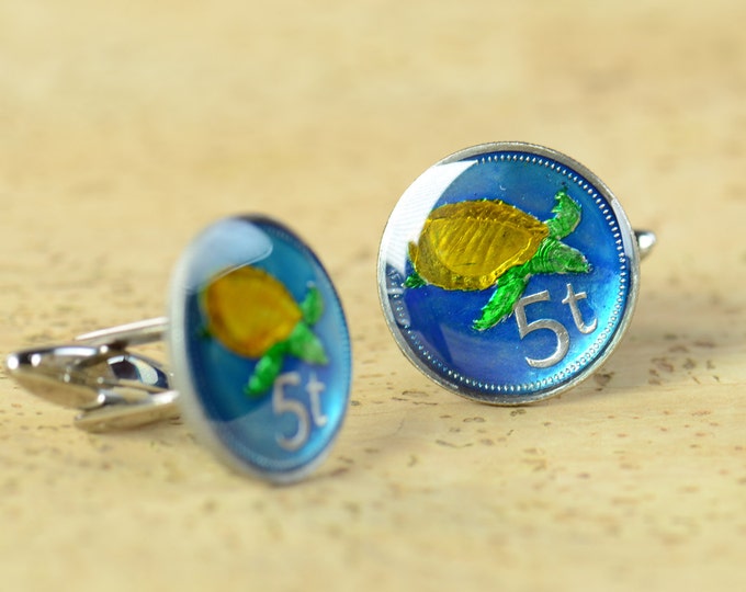 Cufflinks turtle coin Papua New Guinea Coin Collector Gifts,Dad Coin Gift,Upcycled,mens gift accessories jewelry