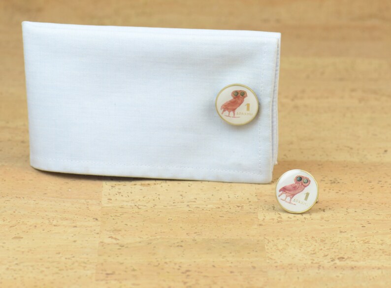 Coin Painted Cufflinks.Drachma Greece.Owl cufflinks Coin Collector Gifts,Dad Coin Gift,Upcycled,mens gift accessories jewelry