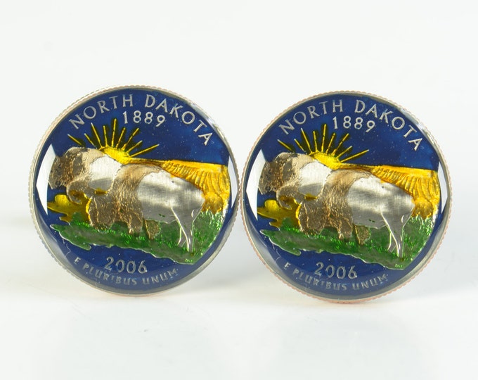 Cufflinks North Dakota Quarter. Enamelled cuff links.Stainless steel leg.Coin cufflinks.USA