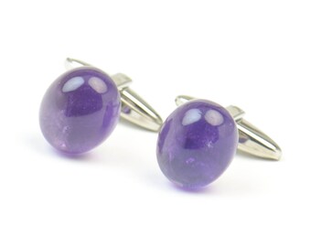 Amethyst Purple Gemstone Cufflinks - Classic Mens Dress Jewelry - Stainless Steel, Wedding Groom, Formal Events