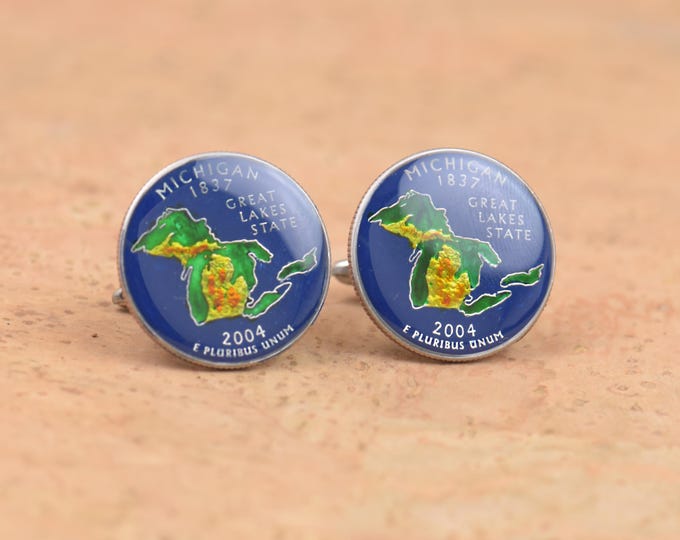 Cufflinks Michigan Quarter. Enamelled cuff links.Stainless steel leg.Coin cufflinks.USA