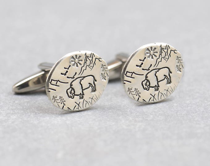 Bison on Mountain sterling silver cufflinks.Men accessories,Cuff links-sterling silver and stainless steel. Buffalo,american bison cufflinks
