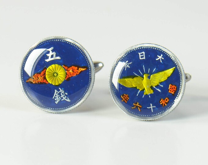 Japanese antique coin - Cufflinks  Japan Coin.Enamelled coin.Stainless Steel leg.Phoenix cuff links