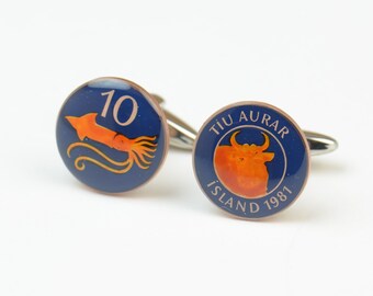 Cufflinks Iceland enamel Coin.Squid cufflinks Coin Collector Gifts,Dad Coin Gift,Upcycled,mens gift accessories jewelry