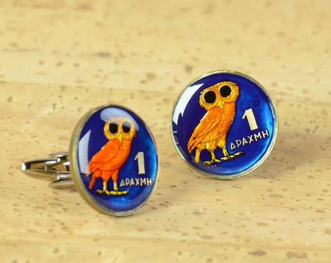 Coin Painted Cufflinks.Drachma Greece.Owl cufflinks Coin Collector Gifts,Dad Coin Gift,Upcycled,mens gift accessories jewelry