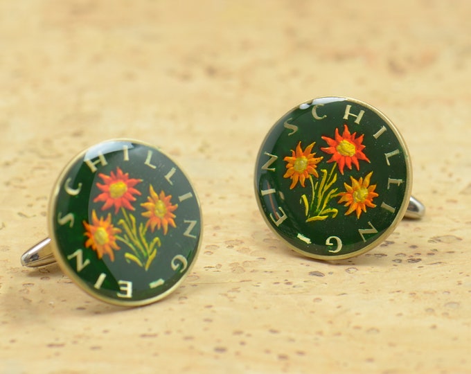 Enamel  Cufflinks - Austria Coin - 1 Schilling - Edelweiss Coin Collector Gifts,Dad Coin Gift,Upcycled,mens gift accessories jewelry