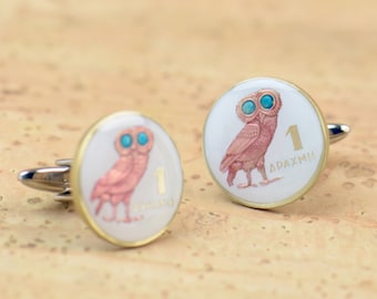 Coin Painted Cufflinks.Drachma Greece.Owl cufflinks Coin Collector Gifts,Dad Coin Gift,Upcycled,mens gift accessories jewelry