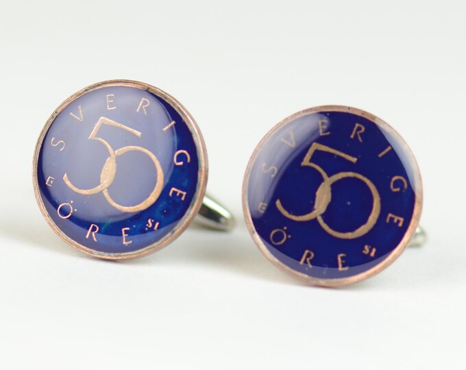 Cufflinks Sweden enamel Coin 50 Coin Collector Gifts,Dad Coin Gift,Upcycled,mens gift accessories jewelry