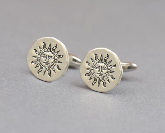 Sterling Silver Sun Cufflinks Men - Celestial Sun Face Design