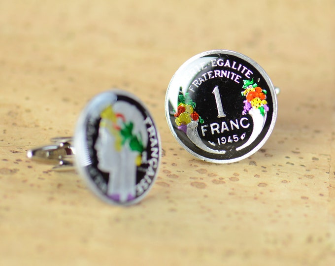 Cufflinks France enamel 1 Franc Coin.Big Size.Mens gift cuff links accessories