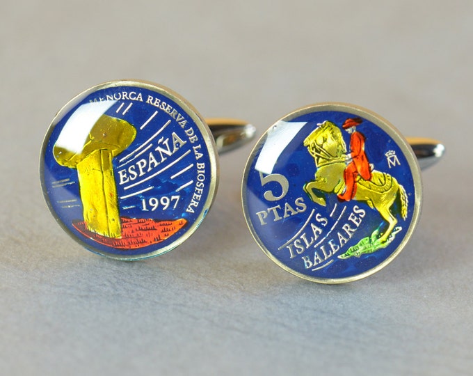 Balearic Islands  5 Pesetas Cufflinks coins.Spain Coin Collector Gifts,Dad Coin Gift,Upcycled,mens gift accessories jewelry