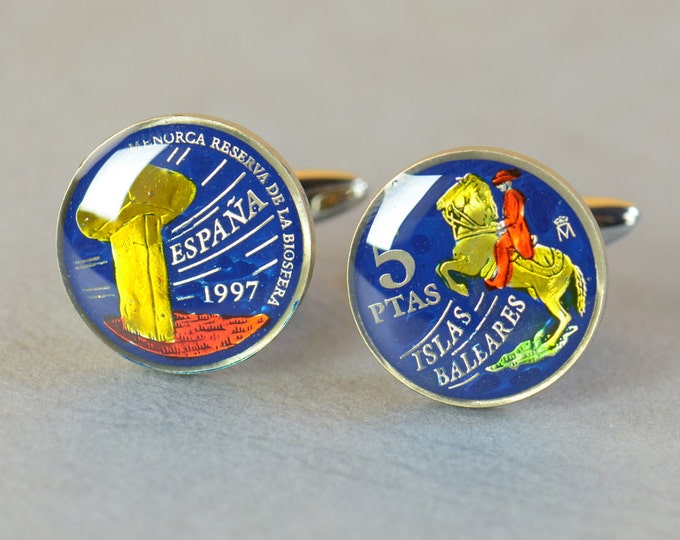 Balearic Islands  5 Pesetas Cufflinks coins.Spain Coin Collector Gifts,Dad Coin Gift,Upcycled,mens gift accessories jewelry