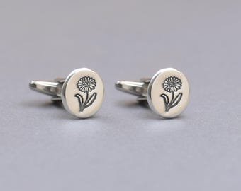 Daisy Cufflinks Men Floral Jewelry: Sterling Silver Flower Design, Botanical Style  , Wedding Accessory