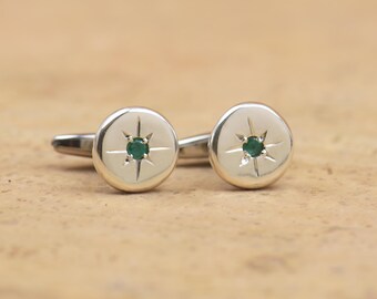 Sterling silver and Emerald Gemstone Cufflinks,Mens Gift,Accessories-Gift,Emerald cufflinks.Gift for him.Elegant cufflinks.Groome cuff links