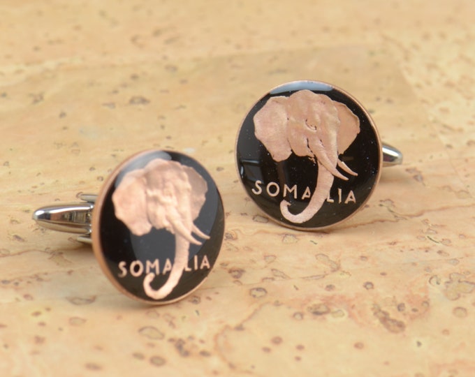 Cufflinks Somalia enamel Coin.Elephant cufflinks Coin Collector Gifts,Dad Coin Gift,Upcycled,mens gift accessories jewelry