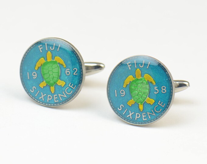 Enamel  turtle Cufflinks - Fiji Coin Coin Collector Gifts,Dad Coin Gift,Upcycled,mens gift accessories jewelry