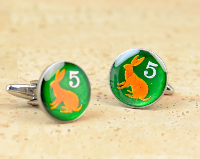 Enamel rabbit Cufflinks - Zimbabwe Coin Coin Collector Gifts,Dad Coin Gift,Upcycled,mens gift accessories jewelry