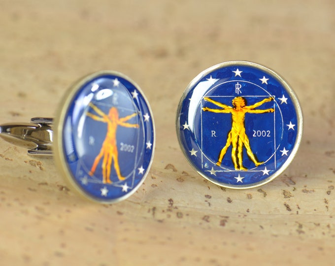 Cufflinks Vitruvian Euro Italy Coin Collector Gifts,Dad Coin Gift,Upcycled,mens gift accessories jewelry