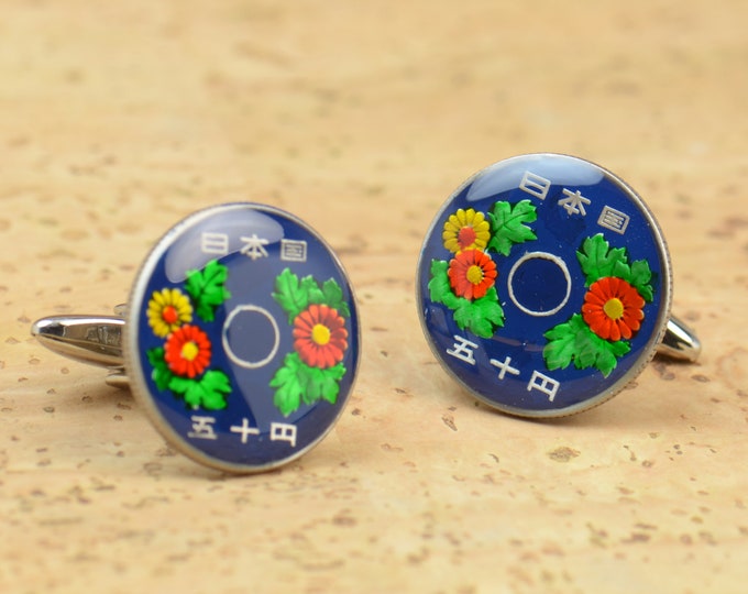 Japan Cufflinks.Japanese Coin.Enamelled coin.Stainless Steel leg Coin Collector Gifts,Dad Coin Gift,Upcycled,mens gift accessories jewelry