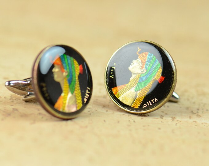 Cufflinks Egypt enamel Coin.Cleopatra Coin Collector Gifts,Dad Coin Gift,Upcycled,mens gift accessories jewelry