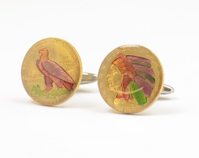 United States Indian Eagle cufflinks - US 5 dollar reproduction enamel hand painted coin