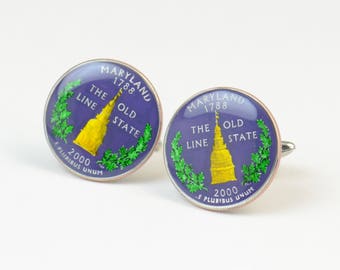 Cufflinks Maryland Quarter. Enamelled cuff links.Stainless steel leg.Coin cufflinks.USA