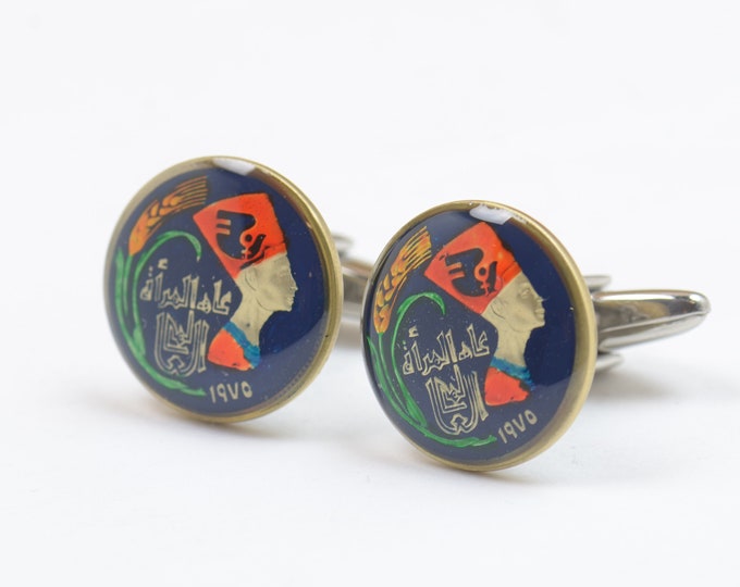 Cufflinks Egypt enamel Coin.Nefertiti Coin Collector Gifts,Dad Coin Gift,Upcycled,mens gift accessories jewelry