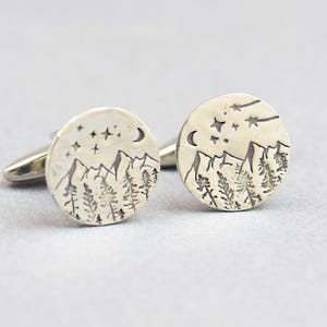 Sterling silver Mountain cufflinks.Men accessories,Cuff links-Everest-Stainless steel leg.Stamped mountain trees moon shot star,cooper,brass