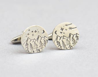 Sterling silver Mountain cufflinks.Men accessories,Cuff links-Everest-Stainless steel leg.Stamped mountain trees moon shot star,cooper,brass