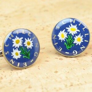 Real Austria Coins Cufflinks: Blue Enamel Edelweiss Style, Enamel  22.5mm Diameter, Mens Gift For Him