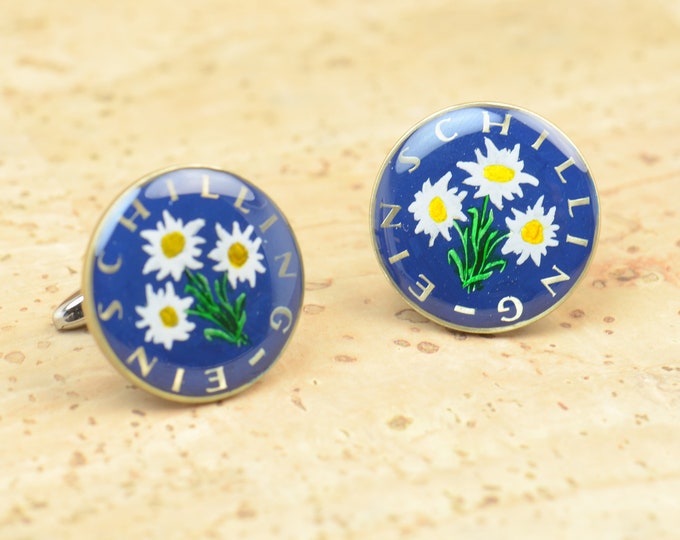 Enamel  Cufflinks - Austria Coin - 1 Schilling - Edelweiss Coin Collector Gifts,Dad Coin Gift,Upcycled,mens gift accessories jewelry