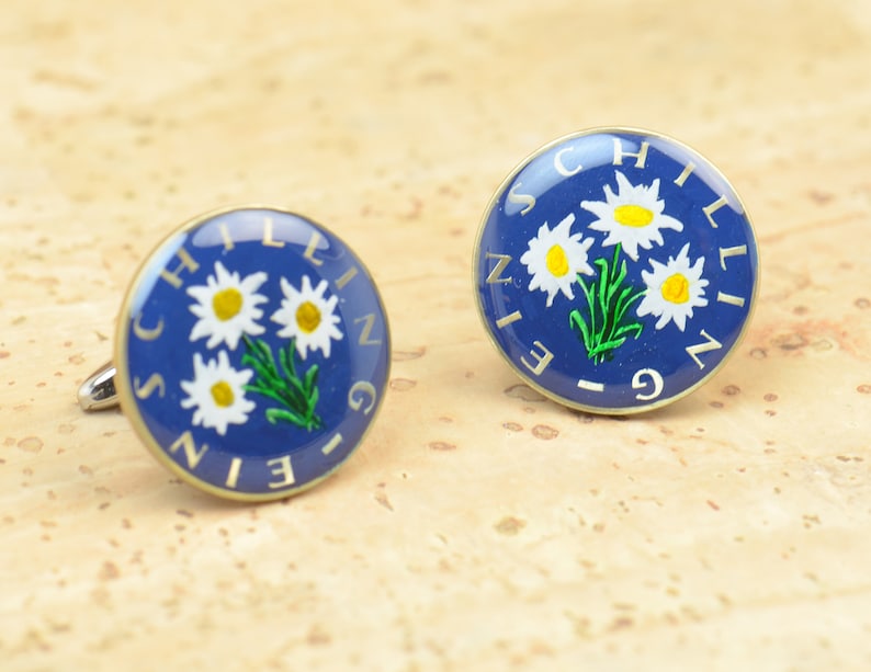 1 Schilling Edelweiss Coin Collector Gifts,Dad Coin Gift,Upcycled,mens gift accessories jewelry Austria Coin Enamel Cufflinks