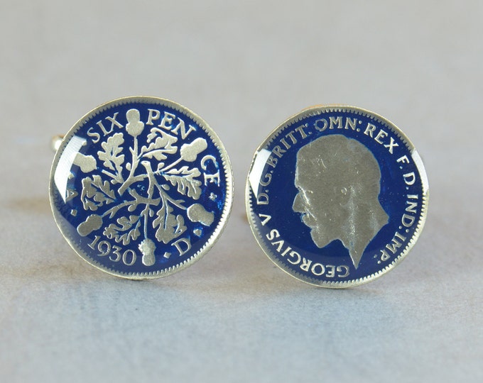 Sterling silver Coin 6 pence Great Britain Painted Cufflinks.United Kingdom