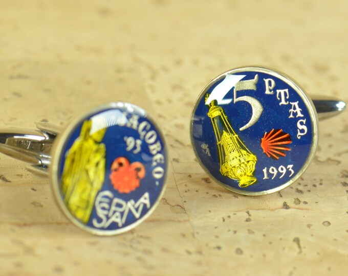 Cufflinks enamel coin peseta Xacobeo Galicia, Saint James Way Coin Collector Gifts,Dad Coin Gift,Upcycled,mens gift accessories jewelry
